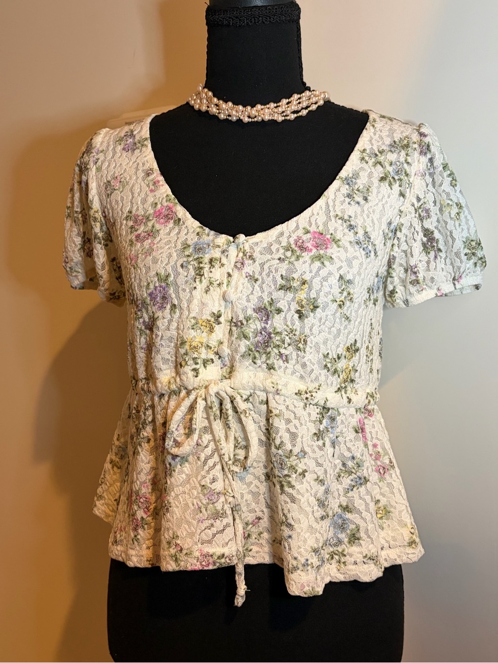 Self Esteem Cream Lace Peplum Top with Pink, Purple & Green Florals